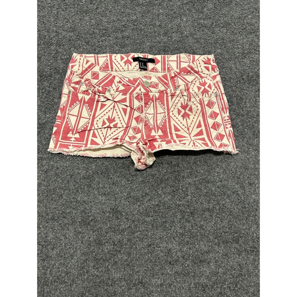 Forever 21 Shorts Womens Size 26 Red Geometric Tribal Print Raw Hem Denim Boho